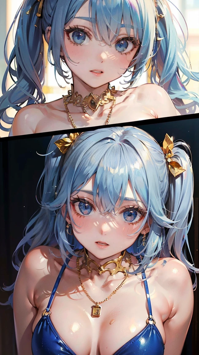 (masterpiece, Highest quality:1.3), (Very detailed:1.2), (Realistic:1.3), (RAW Photos:1.2), (Embarrassed expression:1.8)、High resolution raw color photos,、False eyelashes、lipstick、Focus on the whole body、Professional photos、 (PhotoRealistic:1.4), (Realistic:1.4), Professional Lighting, Perfect Anatomy, (Small breasts:1.2)、 (blue eyes:1.8)、(Detailed face),、(Smiling expression:1.5)、(Golden Hair:1.5)、tattoo、Very long hair、Brown Skin、Sunburn、(Twin tails)、 necklace、 bracelet、 (Random sexy gravure poses), (Beautiful woman in bikini)、(Simple silver anklets to adorn your feet.。: 1.3)