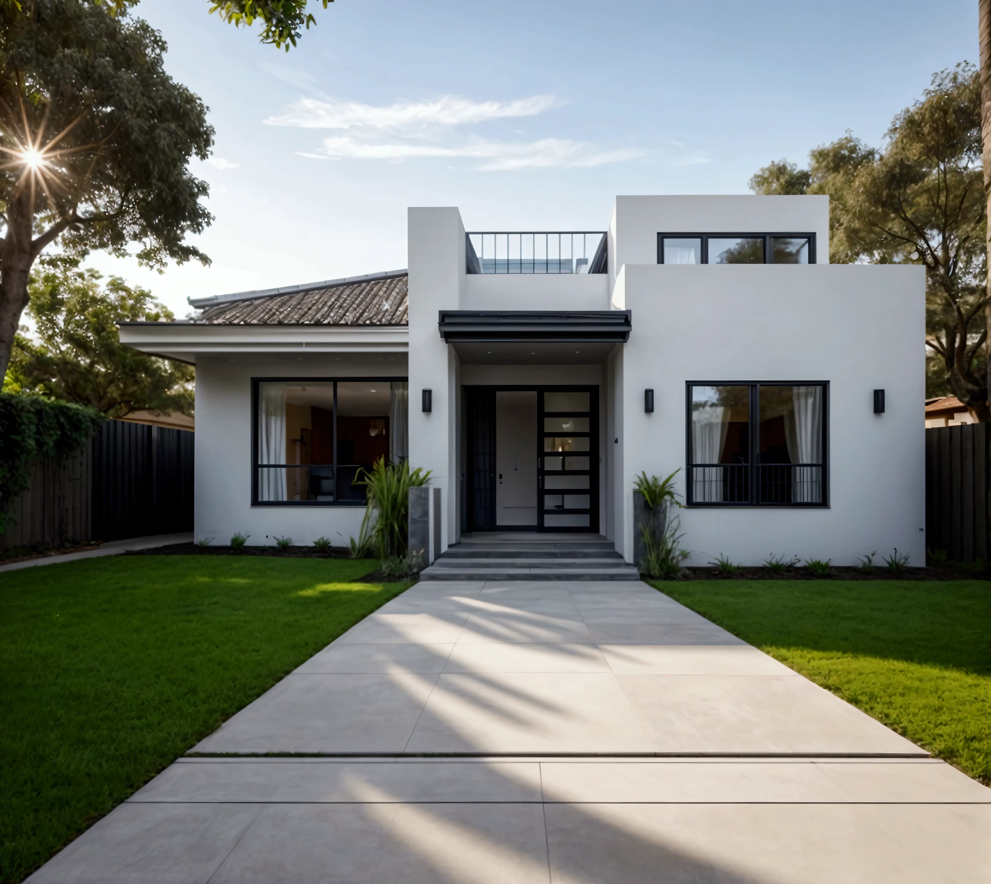 CRU photo,work of art, high qualiy, best qualityer, authentic, super detaill, plein-air, front-facing, single storey villaXL, aiai group, modern house style on the street, front house, visão front-facing, entrada com gramdo, elegant facade, pavement, gram, Trees, sky, nube, (Day Light:1.1)