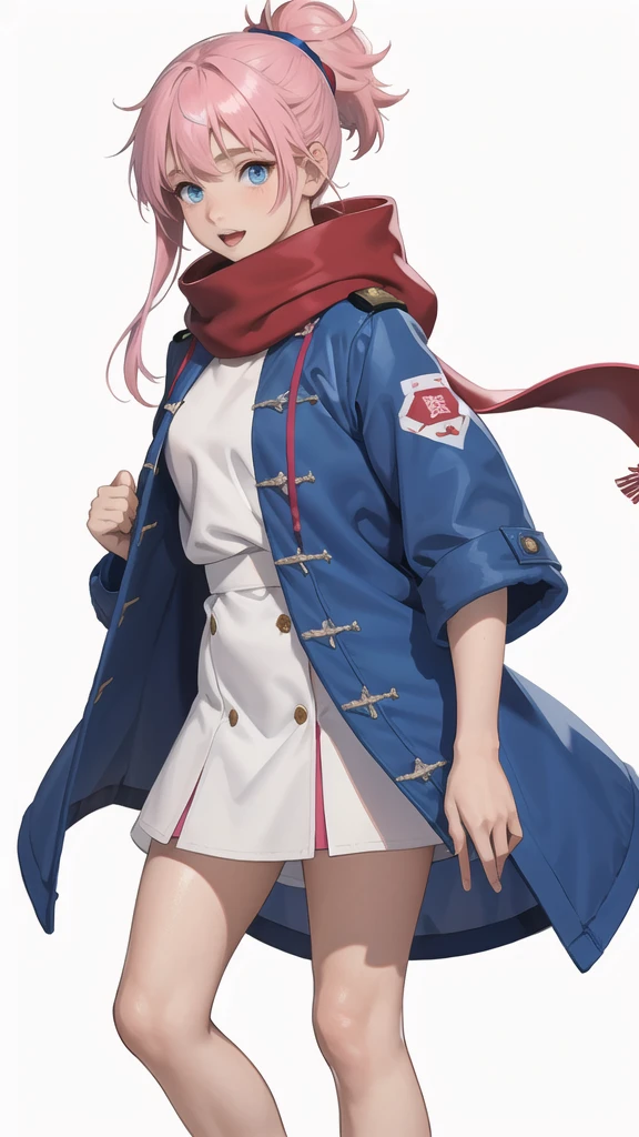 full length nime girl, White background. young girl, 21 years old, With a cute face, large bright blue eyes and light smooth skin. She has pink hair, collected in a neat hairstyle, with small stray strands. The girl is dressed in a blue winter coat and a red scarf with black veins. The girl's mood is joy, she smiles, creating an atmosphere of warmth and friendliness. Pay attention to the details of clothing and accessories, emphasizing her style and individuality.