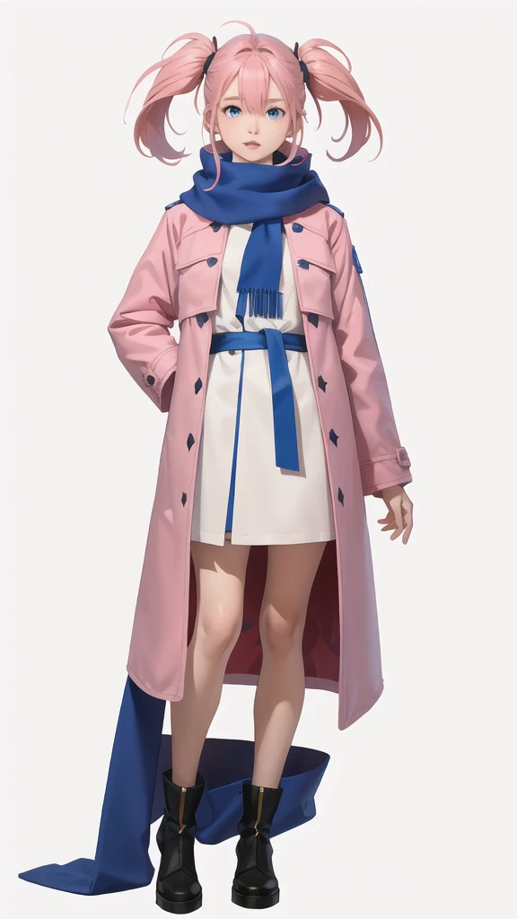 full length nime girl, White background. young girl, 21 years old, With a cute face, large bright blue eyes and light smooth skin. She has pink hair, collected in a neat hairstyle, with small stray strands. The girl is dressed in a blue winter coat and a red scarf with black veins. The girl&#39;s mood is joy, she smiles, creating an atmosphere of warmth and friendliness. Pay attention to the details of clothing and accessories, emphasizing her style and individuality.