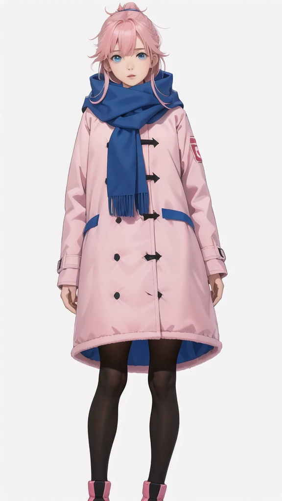 full length nime girl, White background. young girl, 21 years old, With a cute face, large bright blue eyes and light smooth skin. She has pink hair, collected in a neat hairstyle, with small stray strands. The girl is dressed in a blue winter coat and a red scarf with black veins. The girl's mood is joy, she smiles, creating an atmosphere of warmth and friendliness. Pay attention to the details of clothing and accessories, emphasizing her style and individuality.