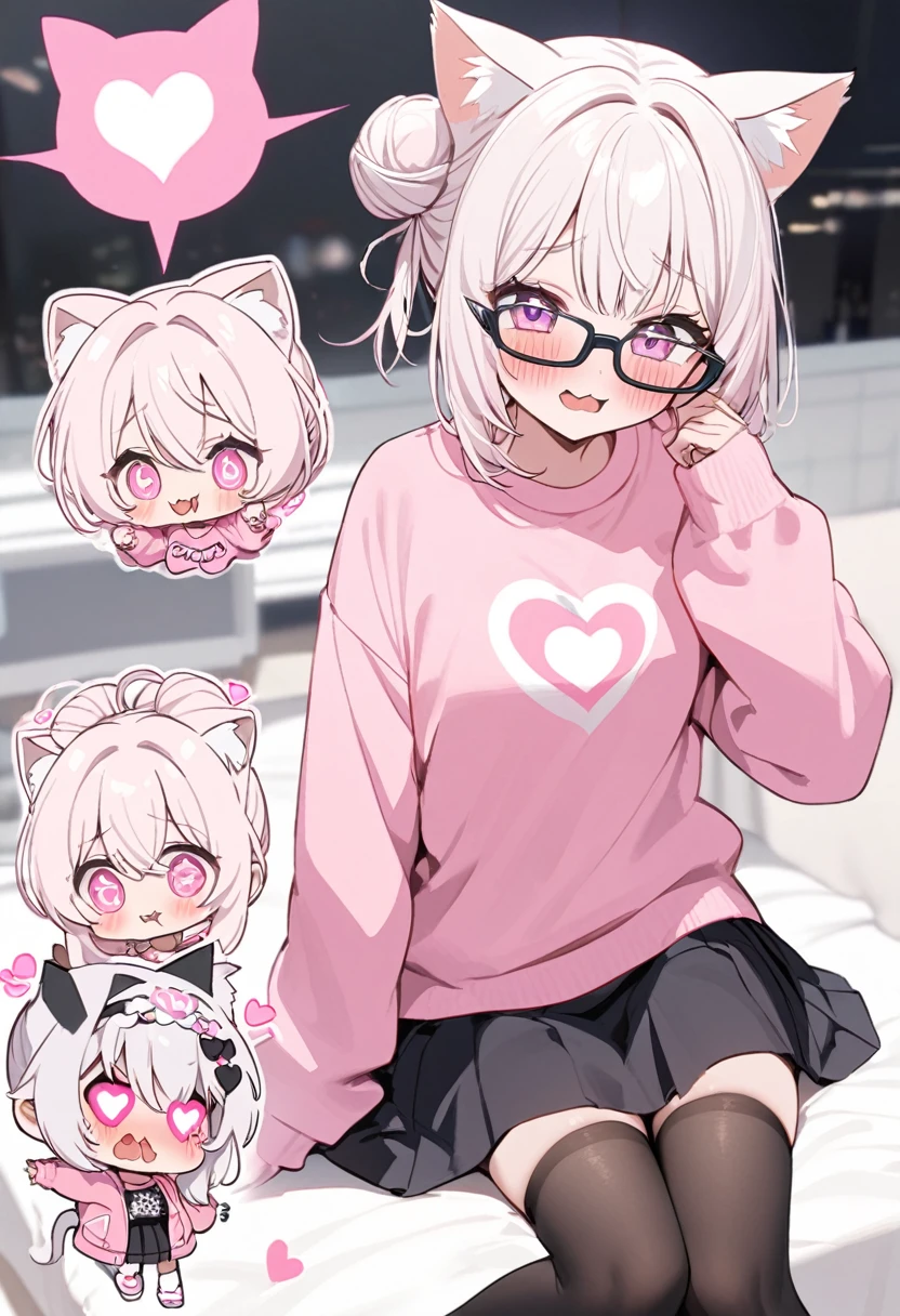 I have white pink hair, cat ears, a bun, my face is super blushing, black glasses, pink heart eyes, a big pink sweatshirt, a black skirt, black stockings, white shoes, a cat's tail, a girl. very shy that her parents are millionaires