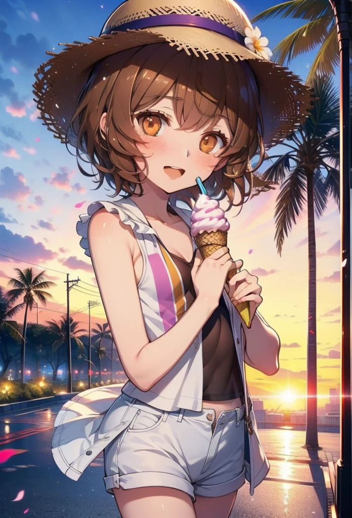 Lililukarde, Liliruka gets burned, , (Brown eyes:1.7), Brown Hair, (Flat Chest:1.2), smile,blush,Open your mouth,Straw hat,short hair,Brown tank top,Shorts,Holding ice cream in both hands,Heeled Sandals,Sitting on a bench,sunset,evening,The sun is setting,whole bodyがイラストに入るように,
break looking at viewer,whole body, 
break outdoors, Building district,Palm tree,Tropical,
break (masterpiece:1.2), Highest quality, High resolution, unity 8k wallpaper, (figure:0.8), (Beautiful attention to detail:1.6), Highly detailed face, Perfect lighting, Highly detailed CG, (Perfect hands, Perfect Anatomy),