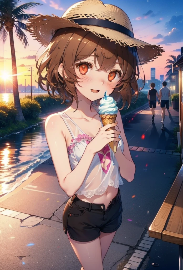 Lililukarde, Liliruka gets burned, , (Brown eyes:1.7), Brown Hair, (Flat Chest:1.2), smile,blush,Open your mouth,Straw hat,short hair,Brown tank top,Shorts,Holding ice cream in both hands,Heeled Sandals,Walking,sunset,evening,The sun is setting,whole bodyがイラストに入るように,
break looking at viewer,whole body, 
break outdoors, Building district,Palm tree,Tropical,
break (masterpiece:1.2), Highest quality, High resolution, unity 8k wallpaper, (figure:0.8), (Beautiful attention to detail:1.6), Highly detailed face, Perfect lighting, Highly detailed CG, (Perfect hands, Perfect Anatomy),