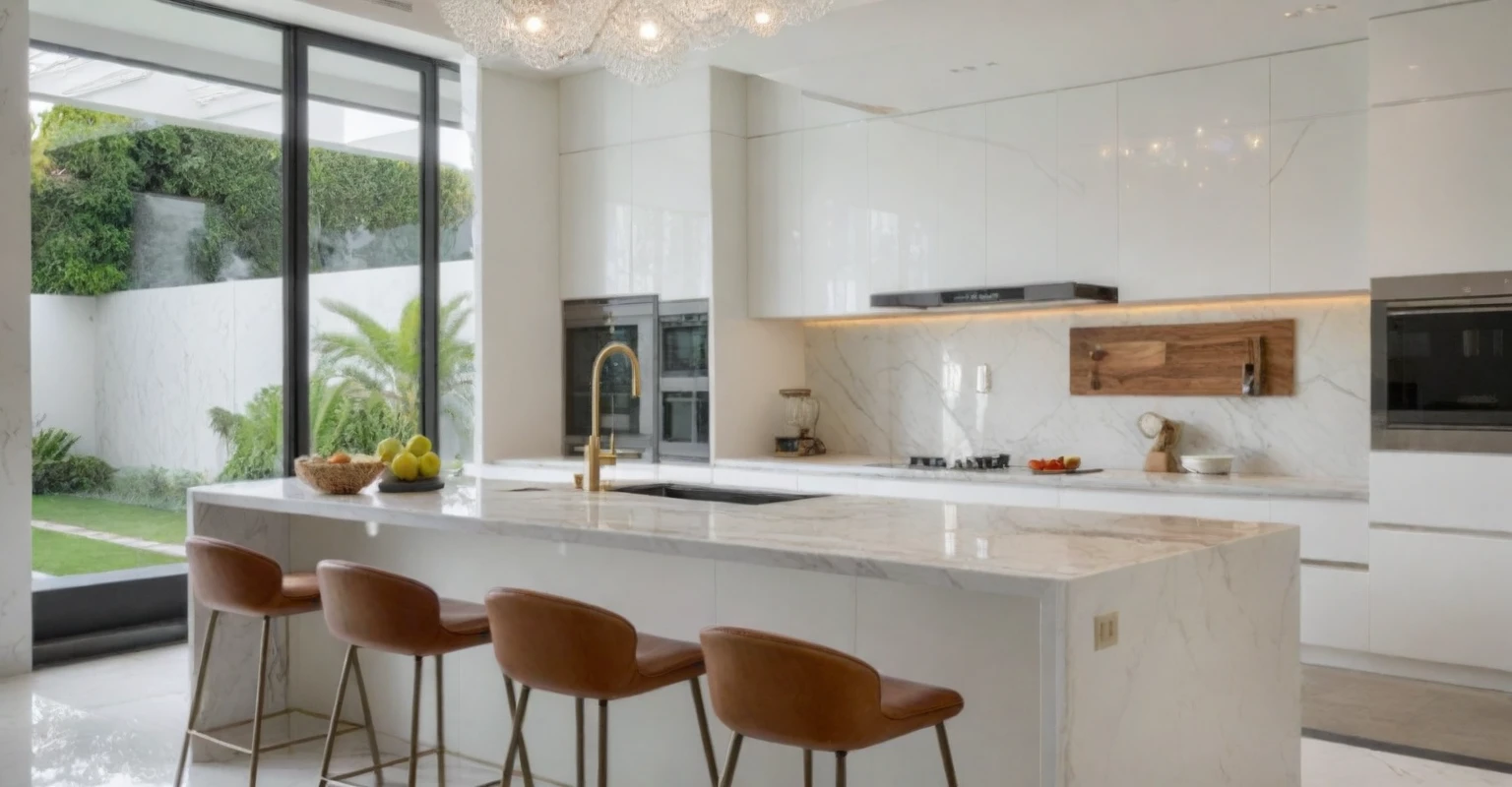 Raw photo,Masterpiece, high quality, best quality, authentic, super detail, indoors, interior ,(( dining room : 1.3)), modern style, daylight, (WHITE WALL), (((the right corridor ))), marble counter top and island