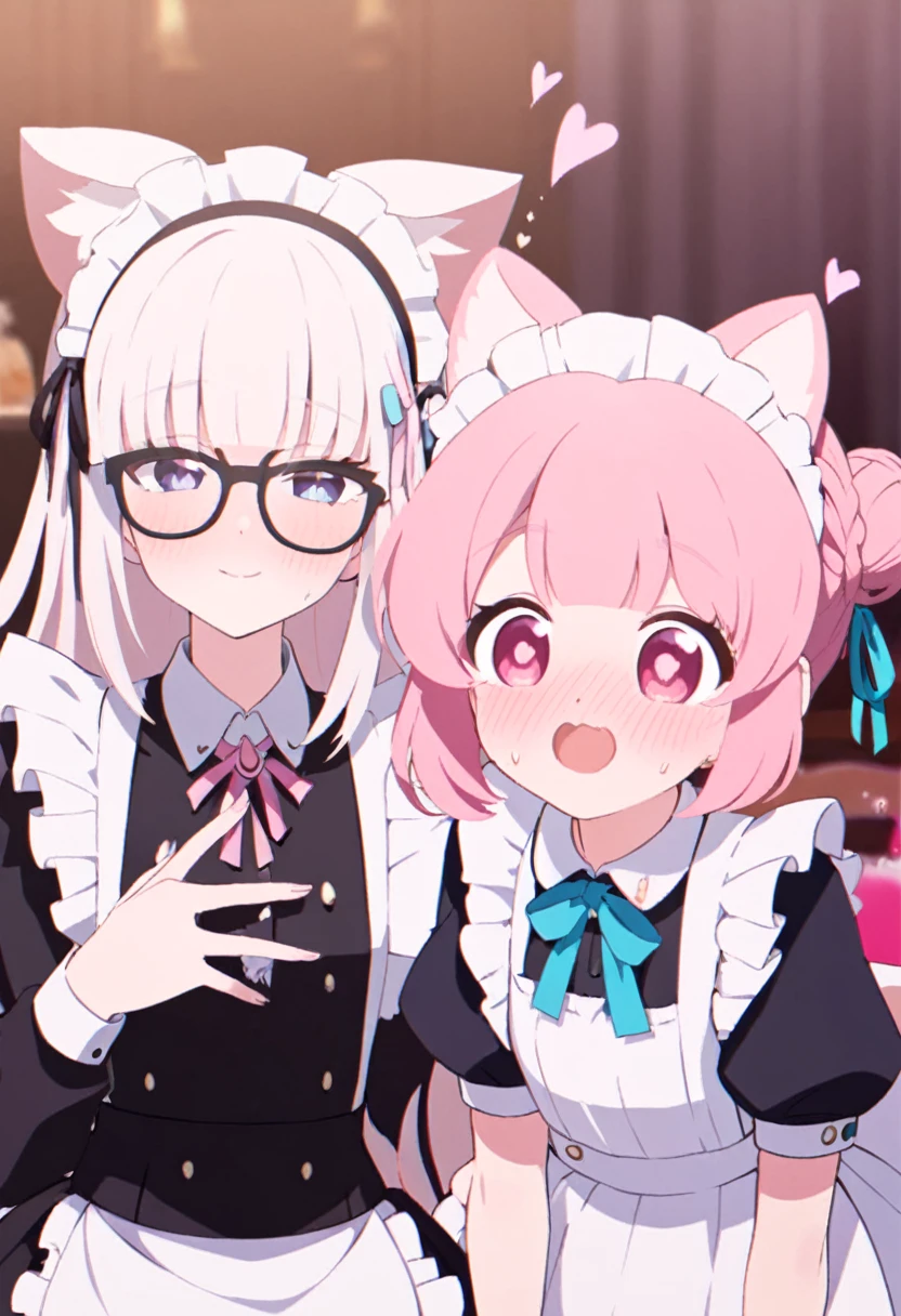 I have white pink hair, cat ears, a bun, my face is super blushing, black glasses, pink heart eyes, a maid's outfit, white stockings, white shoes, a cat's tail, a very shy girl sitting on a table. bed