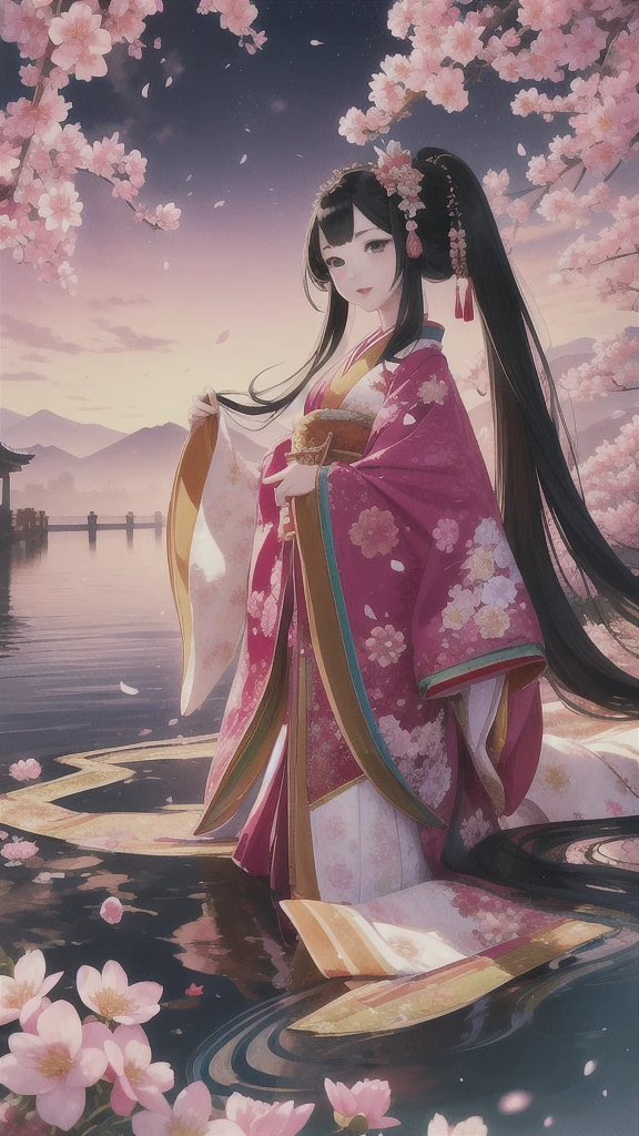 (Flower-like立っている姿)、(Flower-like)、(Like flowers)、(Floral fragrance)、(Everyone is enchanted)、(Pale Cherry Blossomsの色)、(Pale red plum color)、((Highest quality、Highest quality、masterpiece、Beautiful and beautiful、There was only one beautiful woman with long, jet black hair and beautiful, round, black eyes.、A gentle gaze、Rosy Cheeks))、 (Formal attire of court ladies in the Heian period in Japan)、Delicate silk、Delicate embroidery decoration、Detailed、imperial palace、Pale Cherry Blossoms、Pale Cherry Blossomsの花びら、Highly detailed and exquisite、Ultra-realistic、Super beautiful graphics