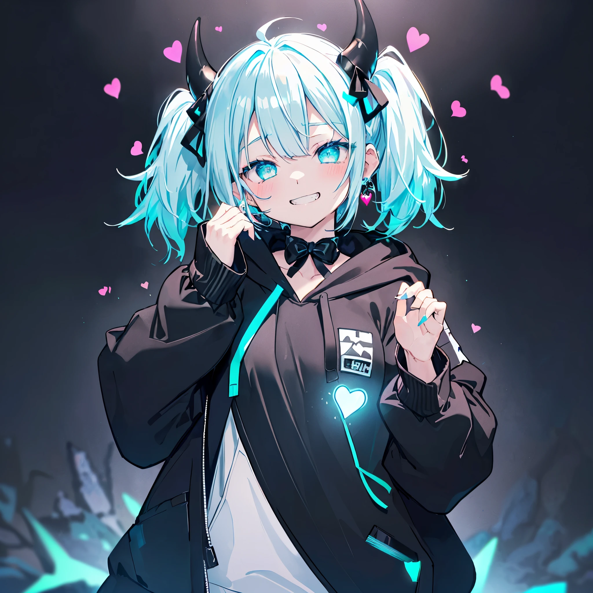 ((((jagged、Open your mouth、Grin　background、shining heart　Making a Heart　front))))　(((Black hoodie、Wearing a hood　Devil horns　Twin tails、Neon Blue　Neon Blueの目、Wink)))　((Shiny Earrings　Small black ribbon))　Shining Edges　輝くbackground