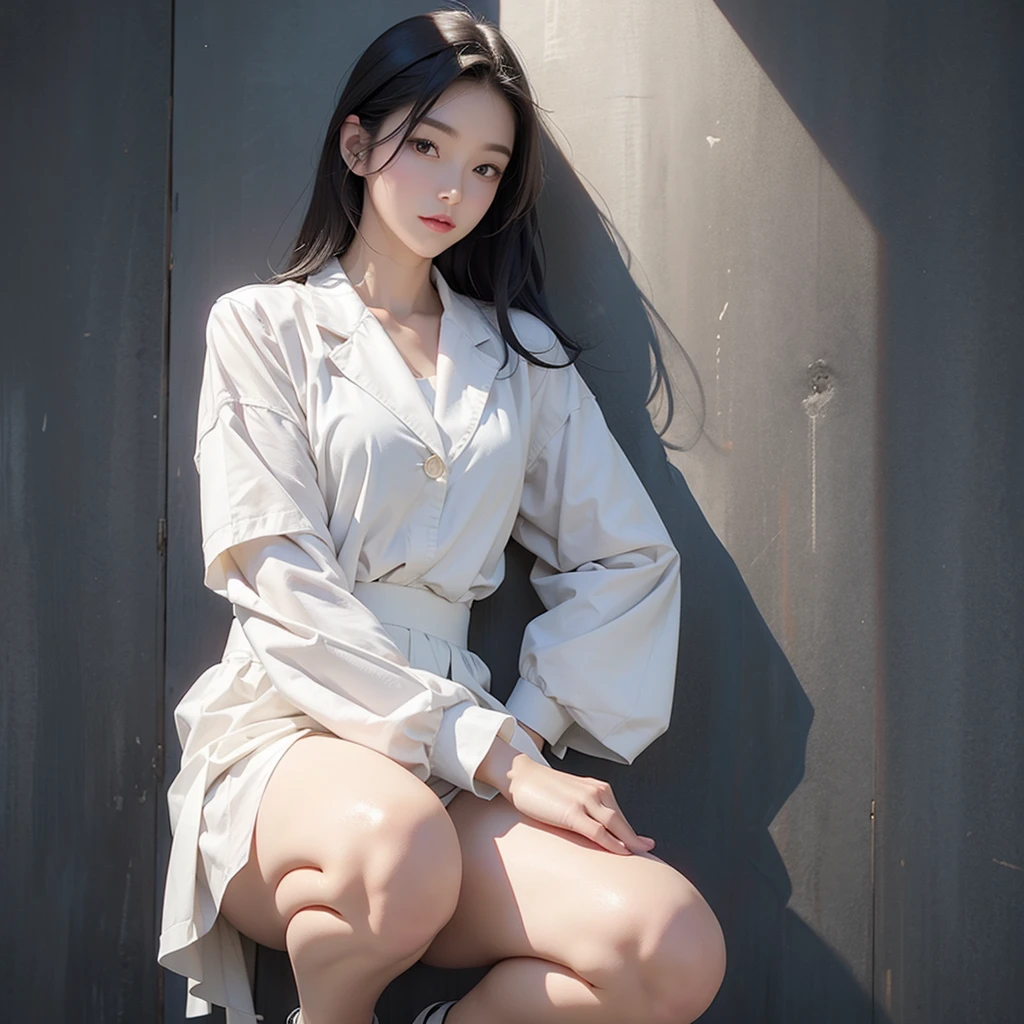 best qualtiy, Full body like,Refined face,A pair of smart eyes,pretty face,25 years old woman,slimfigure,Larger bust,office lady uniform,Office wear,white stockings,Outdoor scene,Sit Pose,yellow long hair