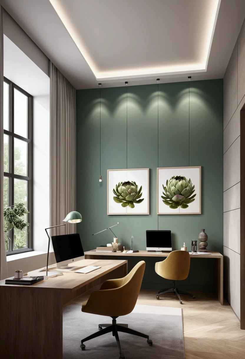 Professional 3d architecture rendering design of modern and minimal architecture office design with art and artichoke color 