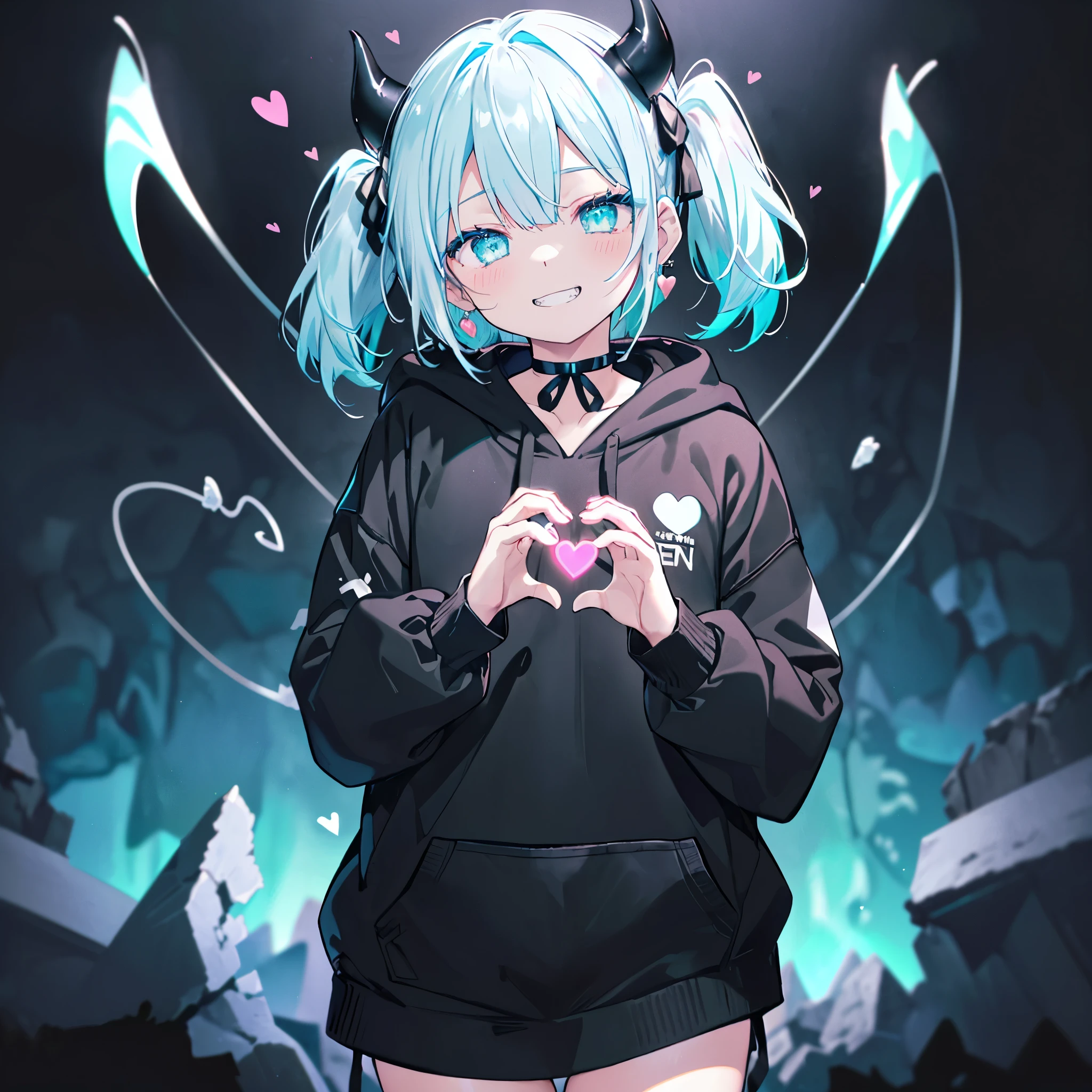 ((((jagged、Open your mouth、Grin　background、shining heart　Making a Heart　front))))　(((Black hoodie、Wearing a hood　Devil horns　Twin tails、Neon Blue　Neon Blueの目、Wink)))　((Shiny Earrings　Small black ribbon))　Shining Edges　輝くbackground