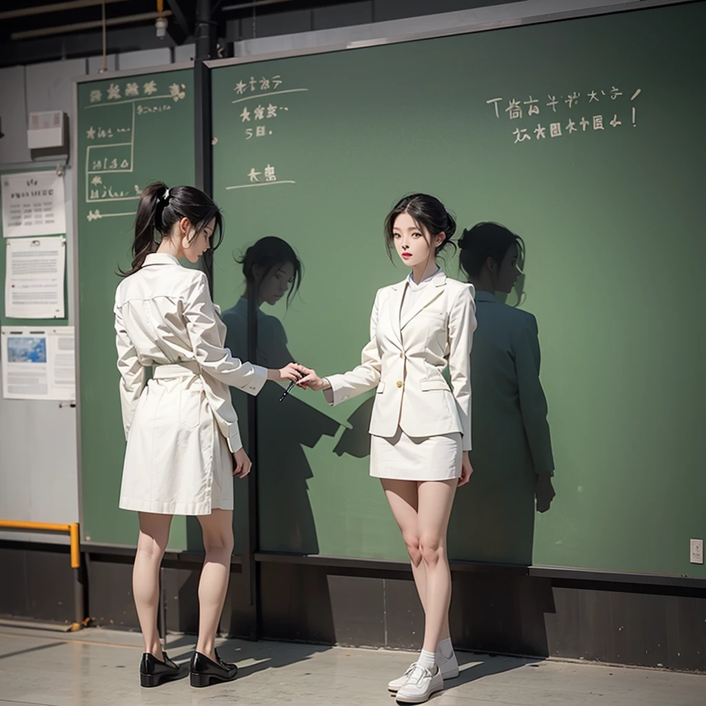 Full body photo、A female teacher writing on the blackboard、White mini skirt suit



