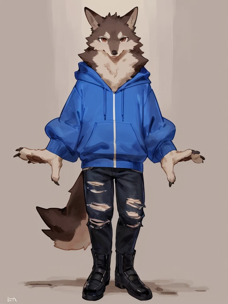 ((Best quality, masterpiece, detailed anatomy, detailed eyes, detailed hands, perfect lighting, perfect shading)), by Buta99, by Bebebebebe, 1male, Wolf, brown furs, tight body, dark  brown eyes, skinny chub body, young body, large sleeves blue hoodie, ripped jeans pants, black boots, at the white background 