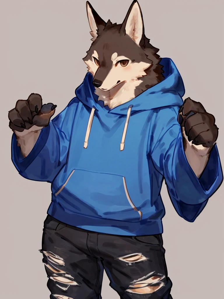((Best quality, masterpiece, detailed ???????, detailed eyes, detailed hands, perfect lighting, perfect shading)), by Buta99, by Bebebebebe, 1male, Wolf, brown furs, tight body, dark  brown eyes, skinny chub body, young body, large sleeves blue hoodie, ripped jeans pants, black boots, at the white background 