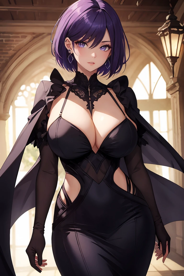Milf, one women, massive breasts, black gown, short hair, purple eyes, earrings