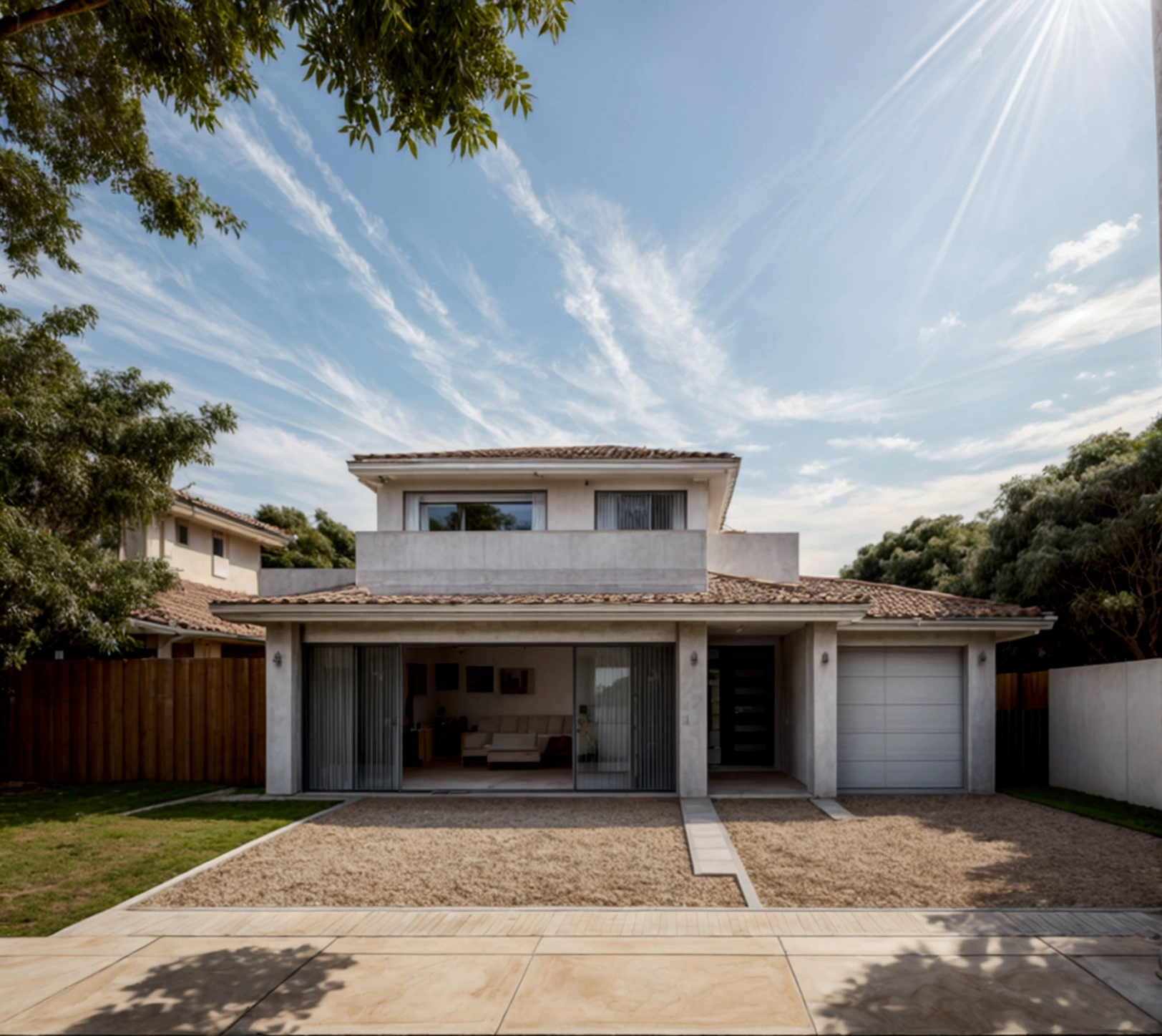CRU photo,work of art, high qualiy, best qualityer, authentic, super detaill, plein-air, front-facing, single storey villaXL, aiai group, modern house style on the street, front house, visão front-facing, entrada com gramdo, elegant and minimalist facade, pavement, gram, Trees, sky, nube, (Day Light:1.1)