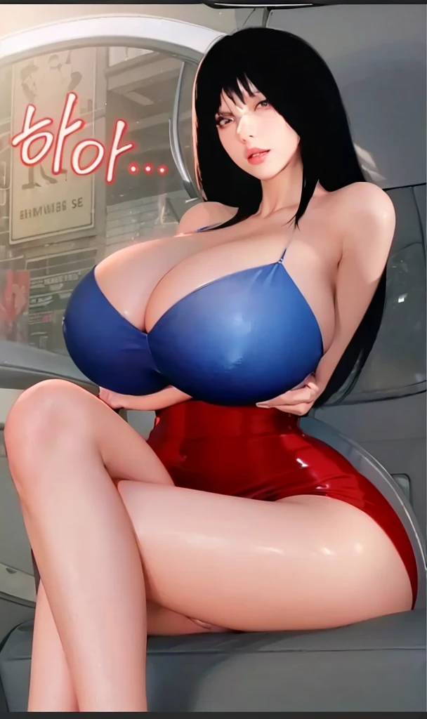 (photorealistic:1.4), (masterpiece, sidelighting, finely detailed beautiful eyes: 1.2), masterpiece*portrait, realistic, 3d face, good photo, 4k, high quality, high resolution, hyper detail, realistic, reality, smooth graphics, realistic sexy wears, 3D, best resolution, sexy, good contrast, perfect shading, realistic skin texture, finely detailed, dramatic lighting, realistic lighting, amazing shadows, sexy and hot, huge breasts about to burst, huge ass, huge butts, thicc thighs, everything she wears is tight, shiny and skinny, , shiny hair, extreme shiny skin, tight skinny shiny latex skirt, tight skinny shiny latex bra, sitting in car