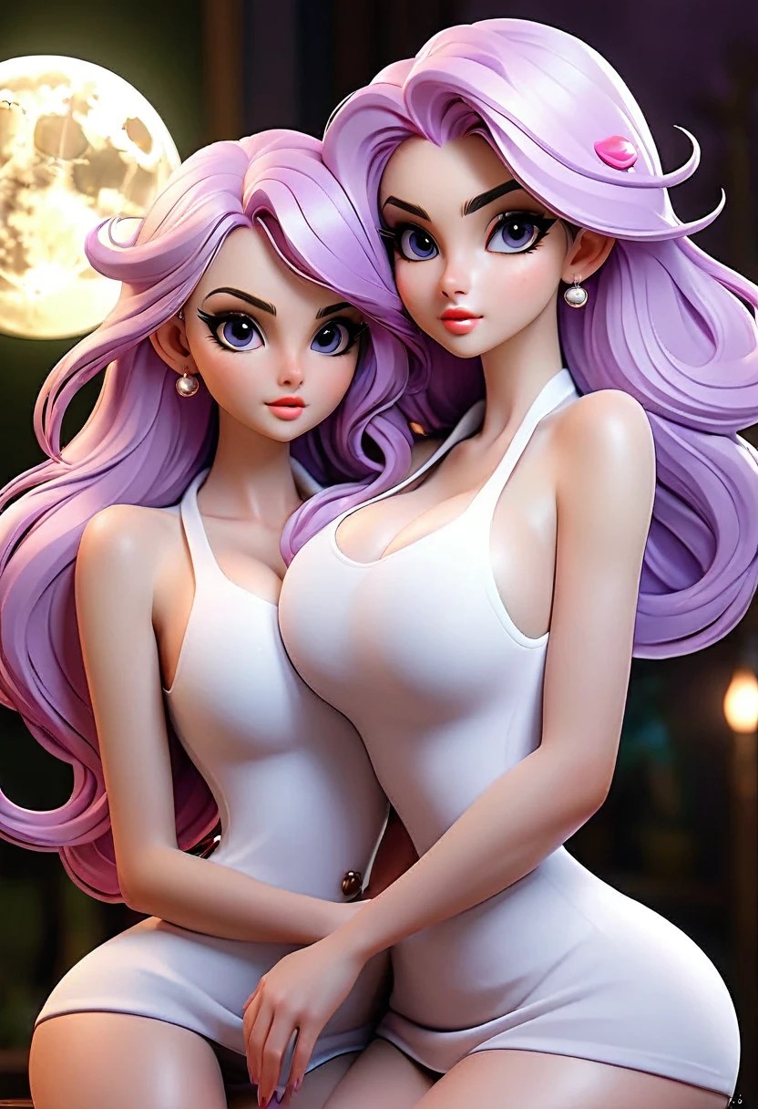 work of art, high quality 8k, neckleace, pantyrose,pantyrose pequena,long light purple hair,breasts showing,two females,fullmoon,lights, Perfect beauty,perfect skin,white,