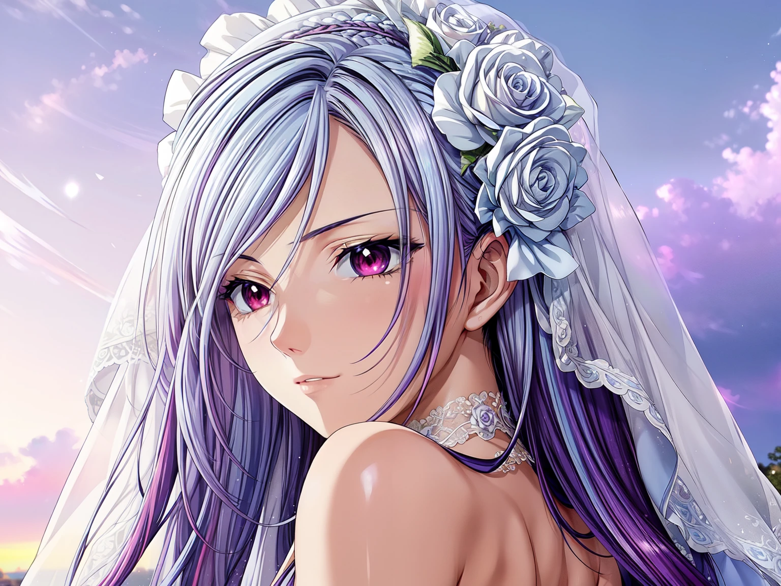 (masterpiece, best quality, beautiful and aesthetic:1.3), look back, side view, 1woman, solo, matured woman,  (Silver blue hair streaked purple:1.4), (Gradient sky blue hair ends:1.6), hair strand, absurdly long hair, single sidelock, wavy hair, shiny hair, floating hair, (deep red eyes), delicate eyes, aqua eyes, super high detailed eyes, long upper eyelashes, makeup, Focus on face, Very detailed facial, hot body, (Delicate skin texture:1.2), bridal veil, lace-trimmed dress, see-through, wedding dress, outdoors, white roses, garden, morning, standing, extreme detailed, 