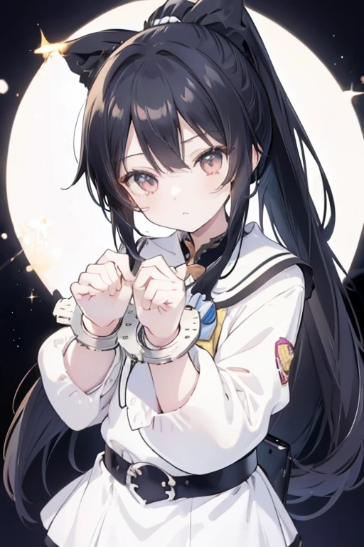 anime girl, cute beautiful girl, long black hair, ponytail, handcuffed hands, hands behind back, detailed fingers, 