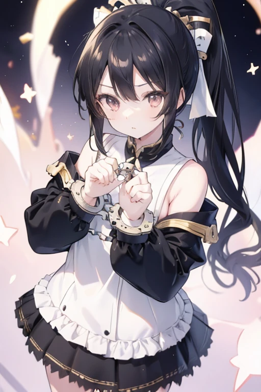 anime girl, cute beautiful girl, long black hair, ponytail, handcuffed hands, hands behind back, detailed fingers, 