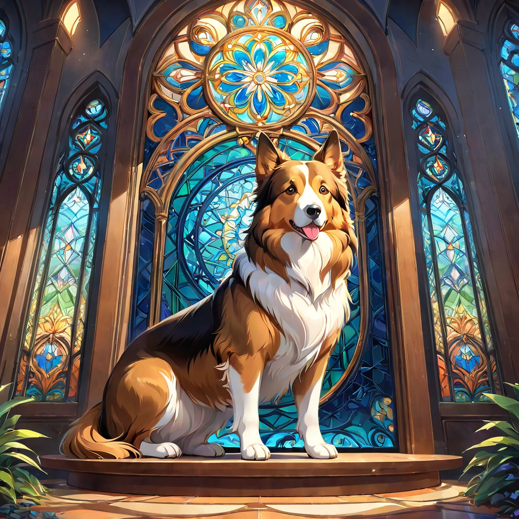 Collie dogs、Art Deco:Stained glass,Bright colors, Intricate details. Very detailed, Complex motifs, Organic mesh pattern, Perfect composition, Digital Painting, Art Station, Concept Art, Smooth,, shape, T masterpiece, Highest quality, Award-winning, High resolution, Landscape painting,Beautiful and wonderful,