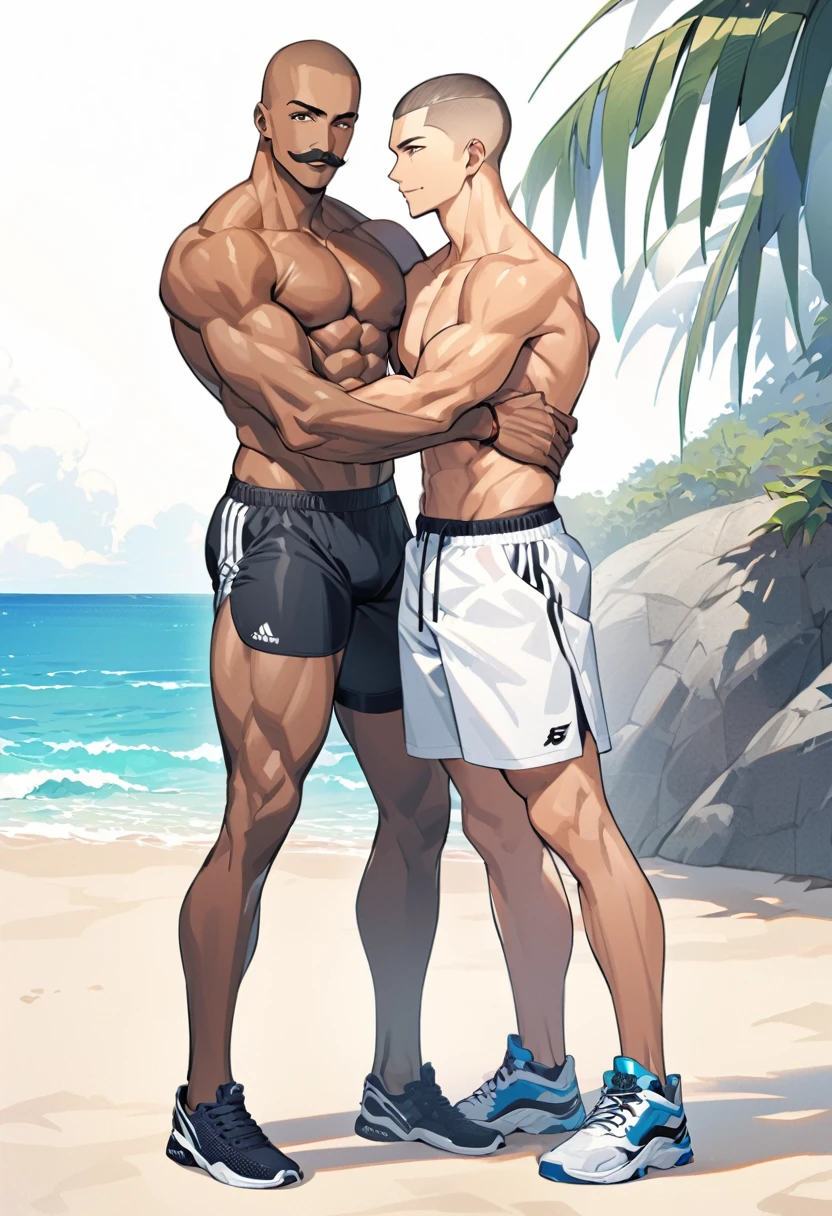 Drawing of men hugging each other,With a sweet smile,One of them has a mustache,Height 180 cm,Black buzz cut,Topless,Dark skin,Eight-pack abs,Black sports shorts,sports shoes,Height 170 cm,Topless,Black short hair,White and tender skin,Eight-pack abs,White sports shorts,sports shoes,The background of two people is the sea and the beach