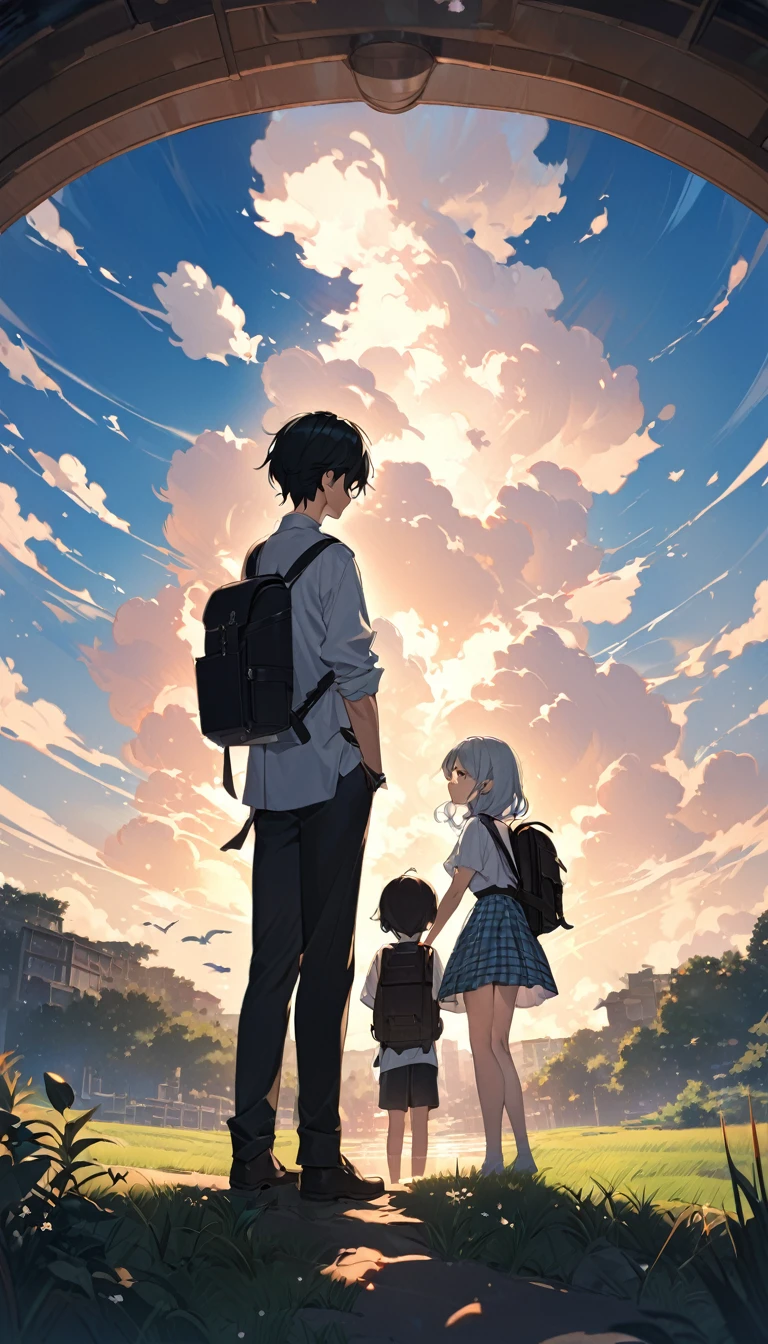 Under the blue sky and white clouds、Two young people in silhouette standing side by side。They are illuminated by the soft light of the evening、The clouds in the background create a pleasant scene.。The sky is clear、A few clouds floated、A band of white clouds can be seen on the horizon。They both wear uniforms.、Boys in shirts and pants、The girl is wearing a blouse and a plaid skirt。The girl is carrying a backpack on her back。There is low grass and some small plants on the ground.。Paintings inspired by Makoto Shinkai, Beautiful anime scenery、Ultra-realistic, Anime movie background, Pixiv Topics、Her hair is fluttering in the wind、The view is the main focus、The sky is clear blue、Place々White clouds are floating in the sky。 The soft evening light casts the two of them in silhouette.。 The boy is wearing a white shirt and black pants。 The girl is wearing a white blouse and a plaid skirt.、He is carrying a black backpack on his back。 The ground is dotted with low grass and small plants.。 The two of them stand side by side、Gazing into the distance、The clouds are in the shape of a heart