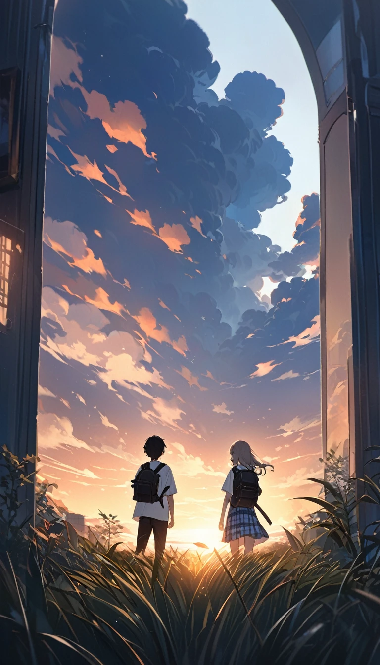 Under the blue sky and white clouds、Two young people in silhouette standing side by side。They are illuminated by the soft light of the evening、The clouds in the background create a pleasant scene.。The sky is clear、A few clouds floated、A band of white clouds can be seen on the horizon。They both wear uniforms.、Boys in shirts and pants、The girl is wearing a blouse and a plaid skirt。The girl is carrying a backpack on her back。There is low grass and some small plants on the ground.。Paintings inspired by Makoto Shinkai, Beautiful anime scenery、Ultra-realistic, Anime movie background, Pixiv Topics、Her hair is fluttering in the wind、The view is the main focus、The sky is clear blue、Place々White clouds are floating in the sky。 The soft evening light casts the two of them in silhouette.。 The boy is wearing a white shirt and black pants。 The girl is wearing a white blouse and a plaid skirt.、He is carrying a black backpack on his back。 The ground is dotted with low grass and small plants.。 The two of them stand side by side、Gazing into the distance、The clouds are in the shape of a heart