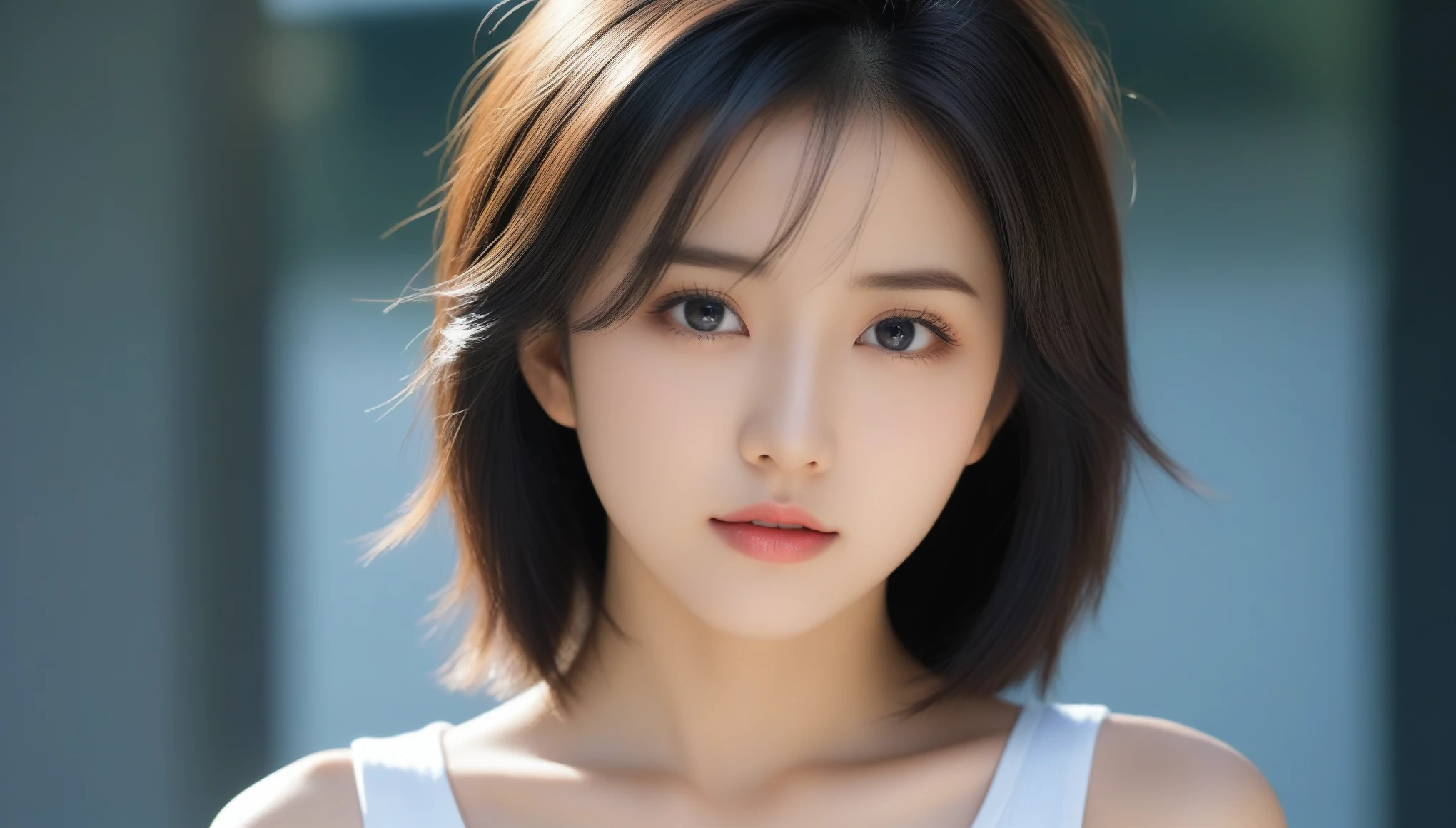 8k, Ultra-high resolution, Highest quality, masterpiece, 三分割法によるphotograph,Surreal, photograph, 1 Girl, (16 years old:1.3), pretty girl, Cute Face, Beautiful eyes in every detail, 細かくdetailedに,masterpiece,One Girl:1.2, Japan Female Announcer,extream close up,glaring,Black Hair,Messy hair,Hair over one eye,Station platform,風景photograph,Clean and modest clothing,Natural Makeup,Realistic Skin, Perfect and beautiful face ,完璧でCute Face, Skin with attention to detail, Perfect limbs、Narrow waist、Thin legs),Looking at the audience、beauty,Long neck、(((Ideal body type))),A cup small breasts :2,Portraiture:2,Perfect Anatomy,鮮明なdetailed,detailed,Surreal,Light and shadow,dappled sunlight