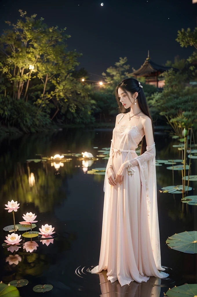 (((best quality))),(((ultra detailed))),(((masterpiece))),illustration,((1 beautiful young  girl,solo)),((slim,thin)),(shoulder length straight hair:1.2),((earrings,necklace)),((small breasts,flat chest)),(see through traditional pink sheer Hanfu dress:1.3),(slender legs:1.2),(beside the lotus pond full of lotus flowers:1.3), serene moonlight, ethereal,floral pattern, water movement, billowing fabric, tranquil, moon reflection, petals, fireflies, magical, light,warm light, dreams, invitation, (standing:1.3),(arms behind back:1.3),gazing, reflection, inner thoughts, emotional, sweet scent, natural beauty, solitude, hypnotic lull, eternal summer,(night scene:1.3), natural world, human spirit, celebration, backdrop, water, glow,((from front,full body))