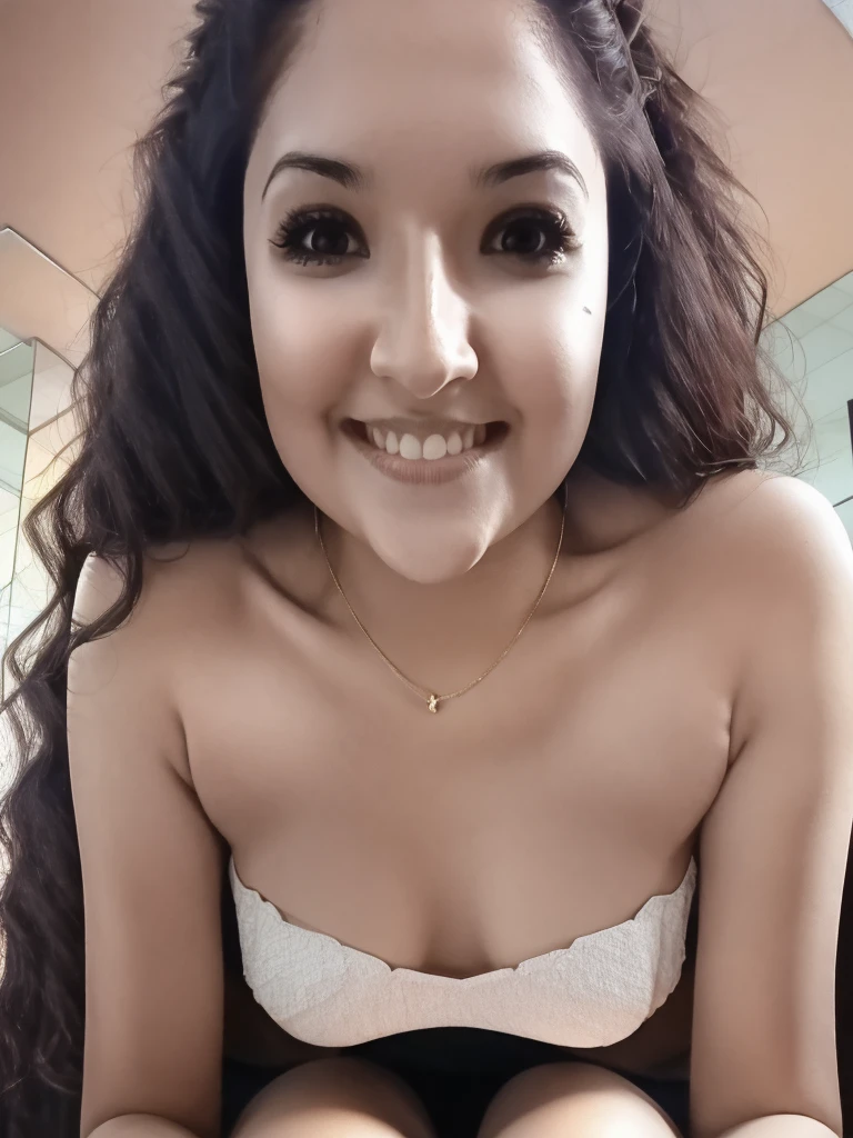 (From a birds-eye, above perspective), 1girl, high quality, high resolution, 4k, thin, 25 year old, solo, June, JuReis, wearing cute top, eyes looking up, lips, realistic, nose, flirting with camera, kneeling in a fitting room, looking seductively at viewer