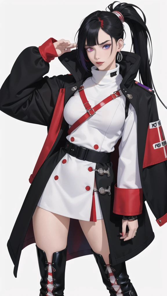 Young woman, 21 years old, full length, White background. Black hair with acid red ends. One eye is blue, Other purple. Pierced nose with ring on the left. haughty expression on his face. long black coat, lace-up boots