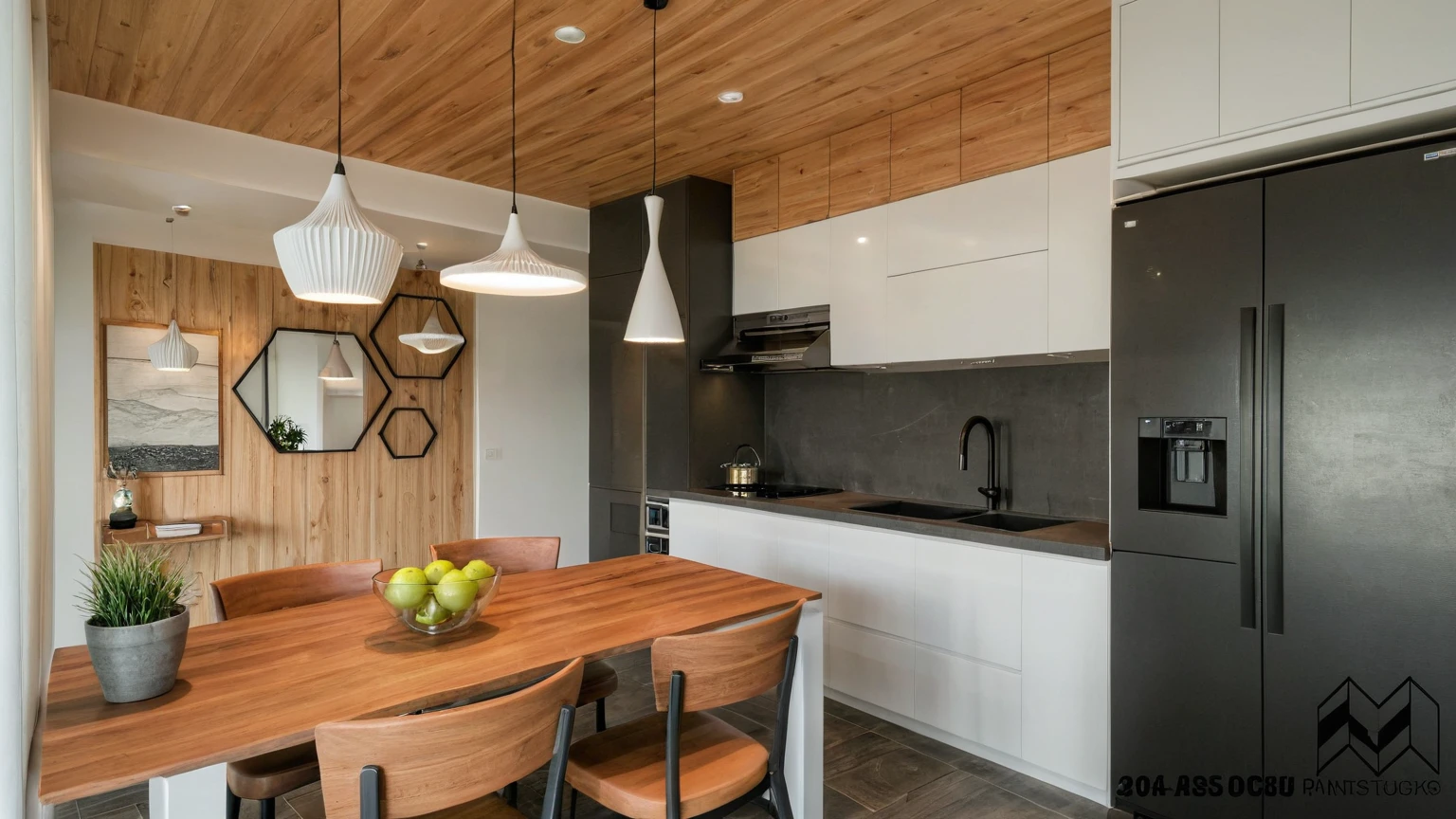 Raw photo, Masterpiece, high quality, best quality, authentic, super detail, architecture, house, outdoors, style modern, minimalist line, wooden, white paint wall, japan style, wasabi style, Jen style, steel stair, glass railing, paint wall decor, tree, street