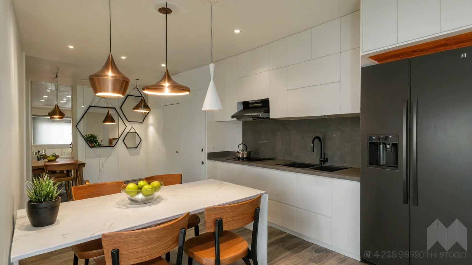 Raw photo, Masterpiece, high quality, best quality, authentic, super detail, architecture, house, outdoors, style modern, minimalist line, wooden, white paint wall, japan style, wasabi style, Jen style, steel stair, glass railing, paint wall decor, tree, street