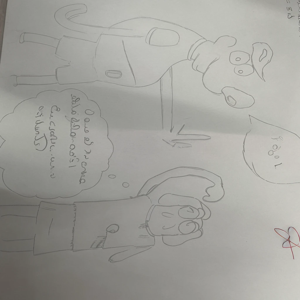 Cartoon of a man making the letter L with his hand to another man who had an accident and his arm was bandaged and completely weakened 