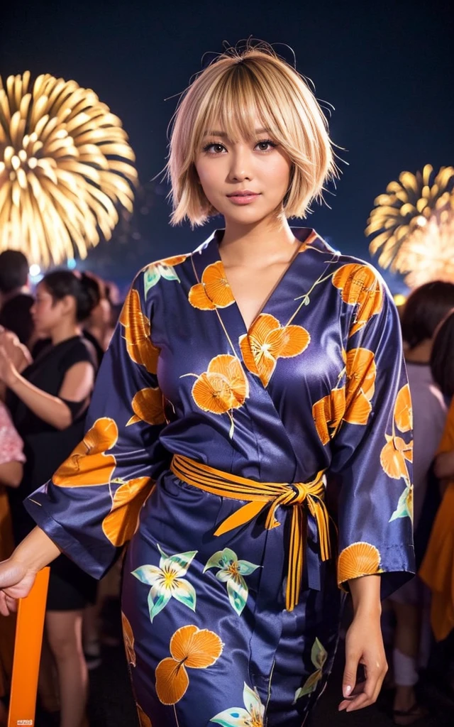 gyaru, dark-skinned, shiny oiled skin, blond hair, short cut hair, wearing vivid yukata, walking in crowd, dark-night, deep fog, orange lanthanum light, Fireworks Festival Venue, Fireworks in the background, cinematic lighting