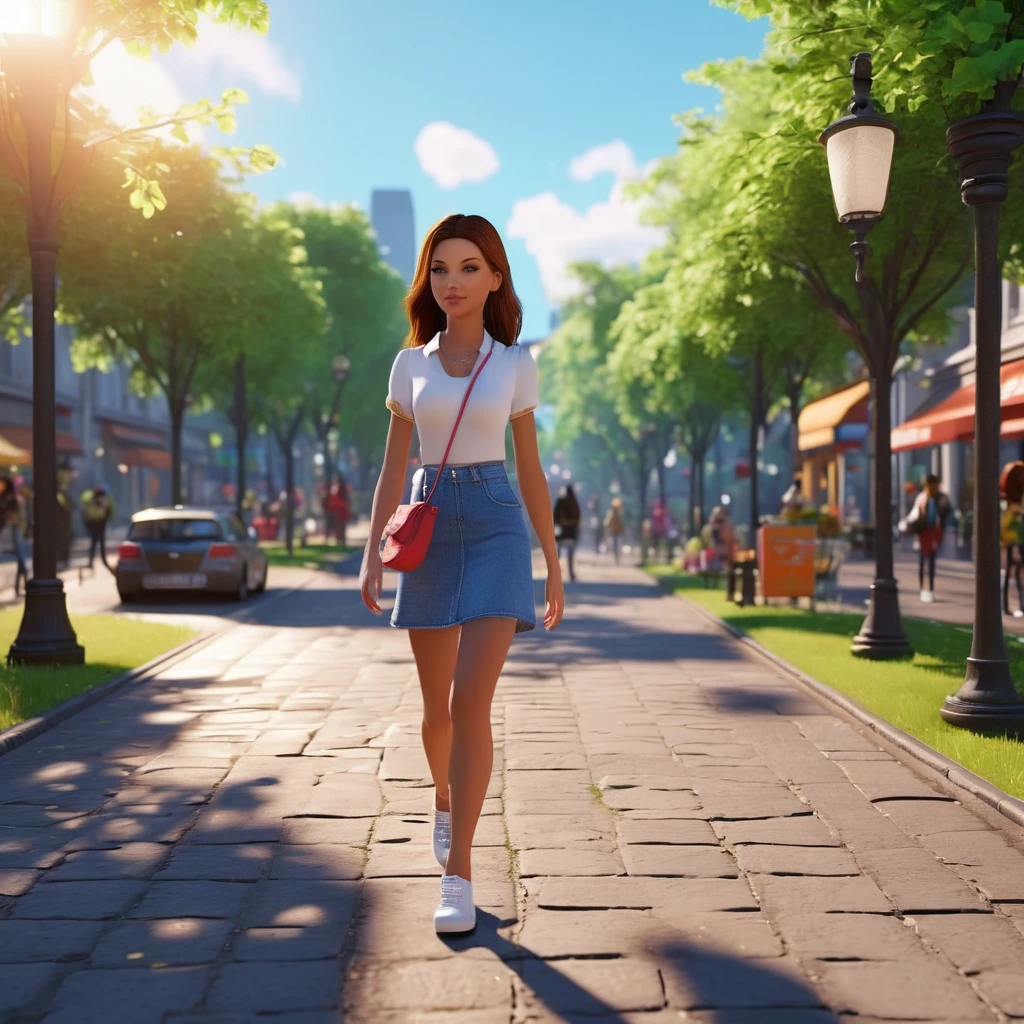 Making Money Playing Second Life; a detailed, highly realistic 3D render of a cute girl in a park, walking down a city street, shopping and carrying a 3D modeled blender, in a photorealistic style with ultra-detailed 8k quality, studio lighting, vibrant colors, and a dynamic, high-angle composition.