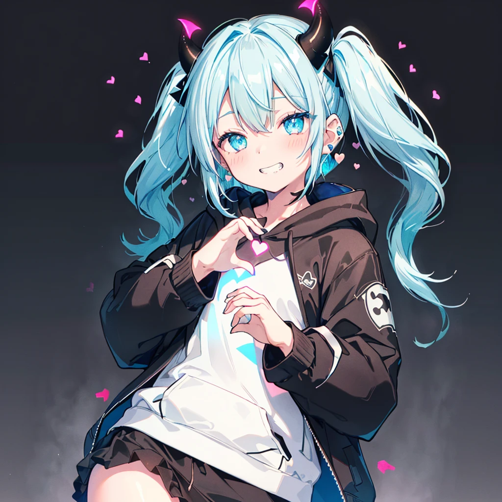 ((((jagged、Open your mouth、Grin　background、shining heart　Making a Heart　front))))　(((Black hoodie、Wearing a hood　Devil horns　Twin tails、Neon Blue　Neon Blueの目)))　((Shiny Earrings　Small black ribbon))　Shining Edges　輝くbackground