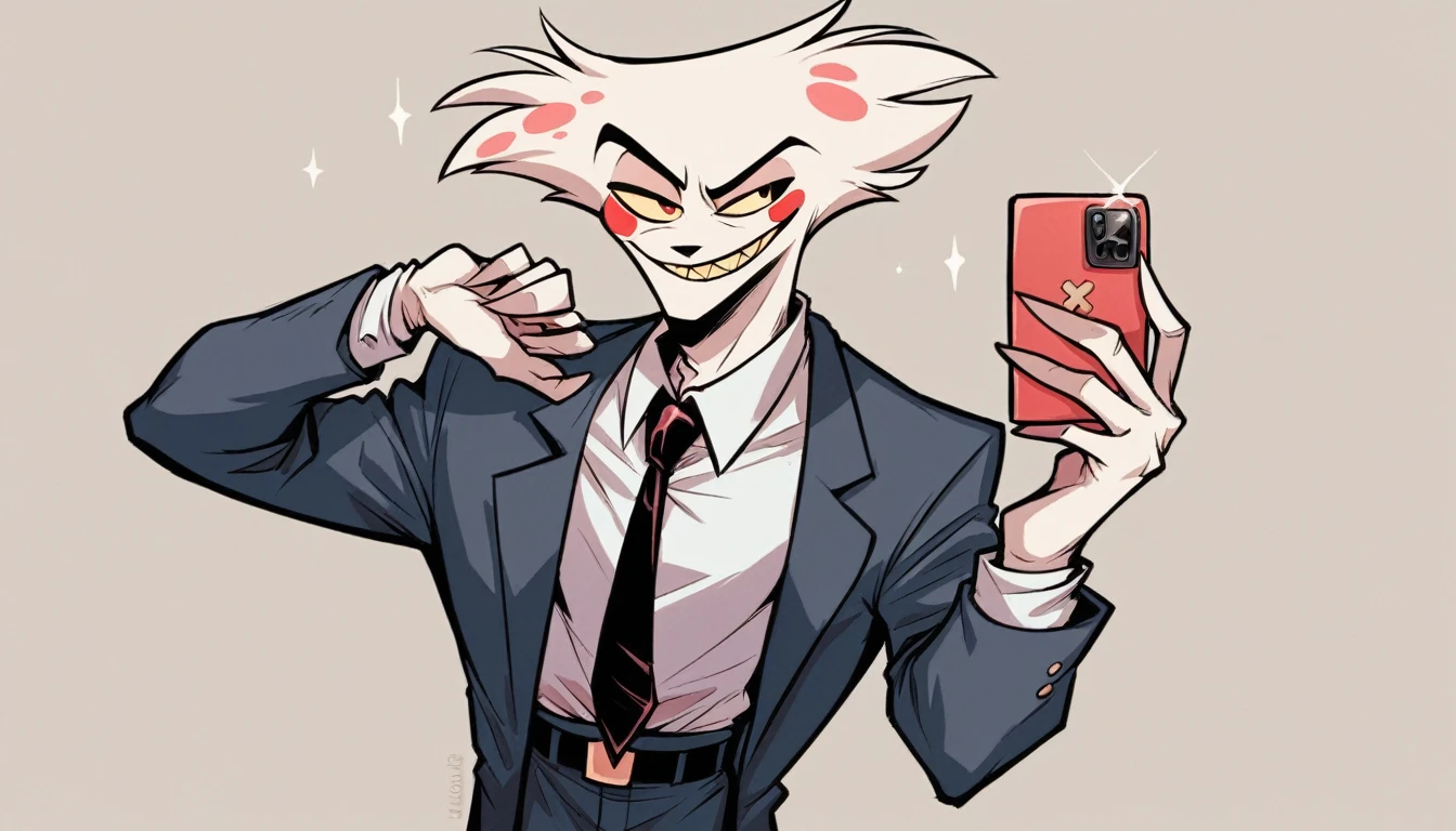 male,suit, Hazbin,Cartoon,Selfie style from the waist up,tie,Cartoon調