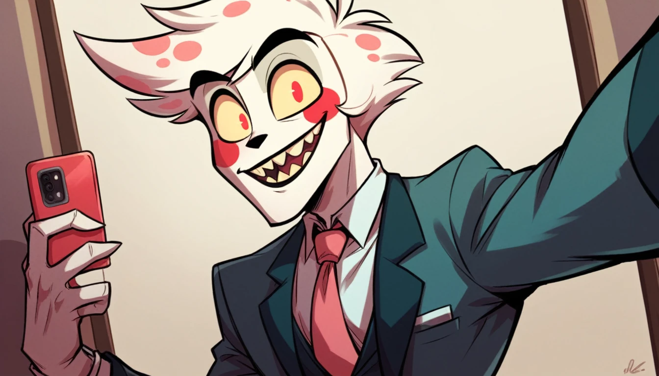 male,suit, Hazbin,Cartoon,Selfie style from the waist up,tie,Cartoon調