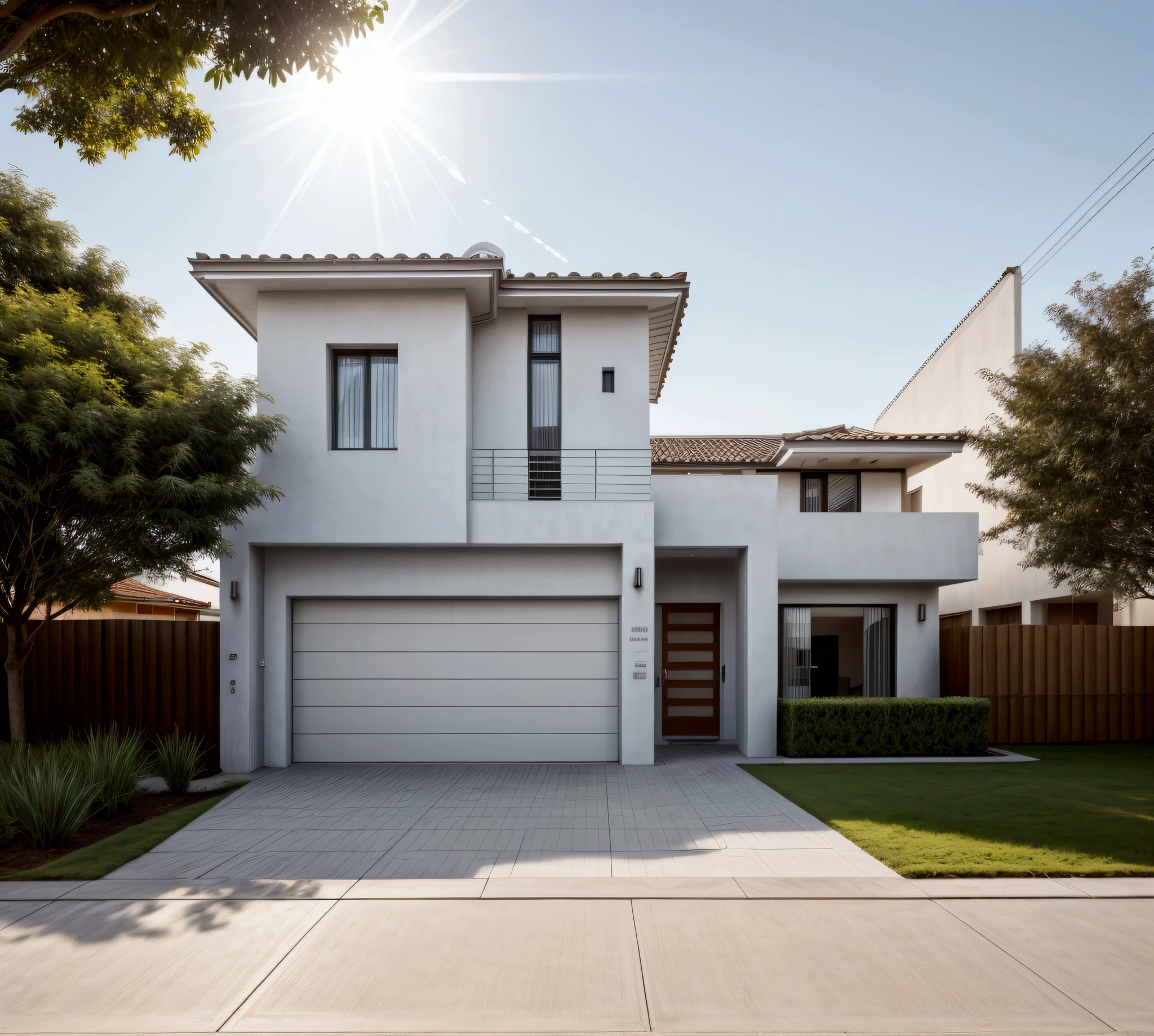 CRU photo,work of art, high qualiy, best qualityer, authentic, super detaill, plein-air, front-facing, single storey villaXL, aiai group, modern house style on the street, front house, visão front-facing, entrada com gramdo, elegant and minimalist facade, pavement, gram, Trees, sky, nube, (Day Light:1.1)