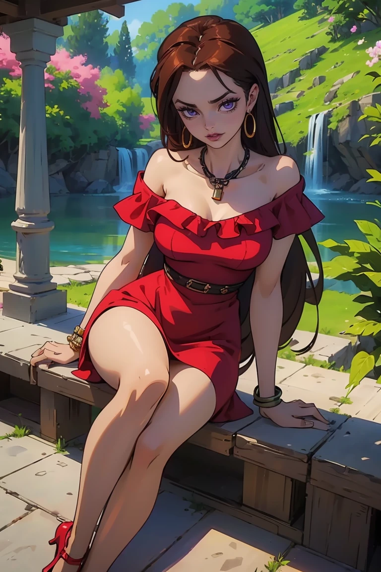 Goddess ((goddess-like woman)), slim elegant silhouette, masterpiece, (close angle), best quality, pale skin, fair skin, cloud tattoo on arm, sweet face, (masterpiece:1,2, best quality), (real picture, intricate details), (1 lady , solo, medium tits, slim waistline, ), ((Jinx/LOL)),BROWN HAIR, a woman withe brown very very long hair, brown hair, purple eyes, she has an impressive presence., bracelet, hoop earrings, jewelry, beautiful face, beautiful eyes, She is wearing a Red Off-Shoulder Dressr 3d0ffsh0uld3r and Thong High Heels/Platforms th0ngh33ls , (dress, cleavage, bare shoulders, off shoulder, red dress, off-shoulder dress) , the jewelry gives her overall appearance a touch of glamor. sweet smile, thigh gap, sweet irresistible smile, elegant pose, elegant hands, beautiful hands, perfect fingers, background: Park, a beautiful park, trees, walkway, flowers, bushes,