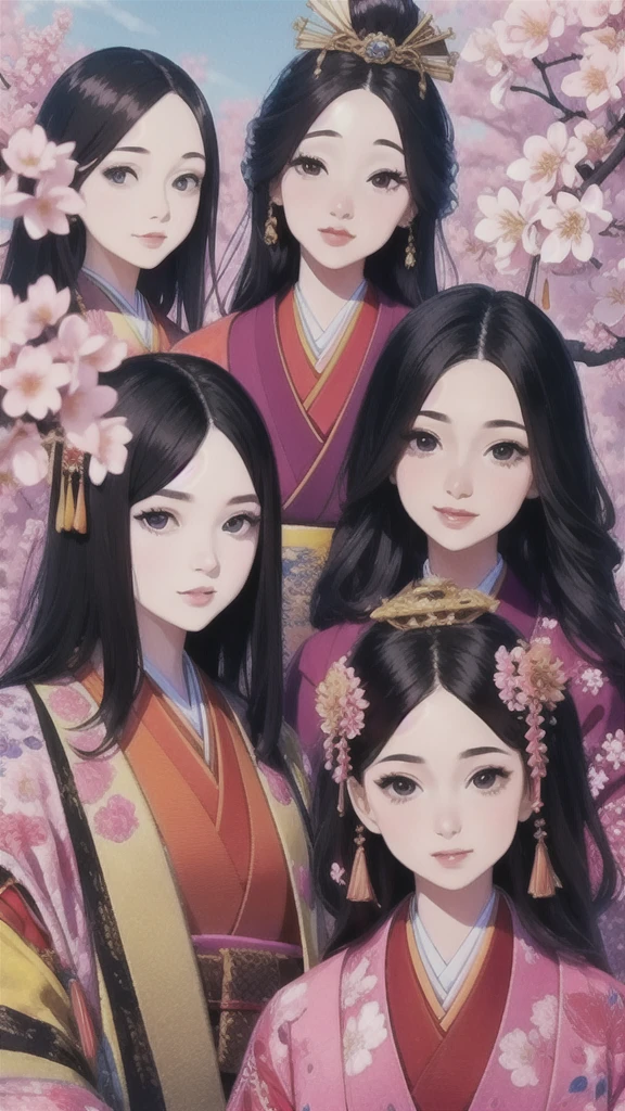 (Flower-like立っている姿)、(Flower-like)、(Like flowers)、(Floral fragrance)、(Everyone is enchanted)、(Pale Cherry Blossomsの色)、(Pale red plum color)、((Highest quality、Highest quality、masterpiece、Beautiful and beautiful、There is only one beautiful woman with long, jet black hair and beautiful black eyes.、A gentle gaze、Rosy Cheeks))、 (Formal attire of court ladies in the Heian period in Japan)、Delicate silk、Delicate embroidery decoration、Detailed、imperial palace、Pale Cherry Blossoms、Pale Cherry Blossomsの花びら、Highly detailed and exquisite、Ultra-realistic、Super beautiful graphics