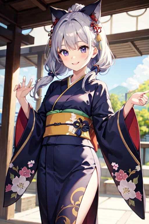 One girl, kimono, Wizard、Honor student、Gray Hair、Eyes are purple、Smiling、