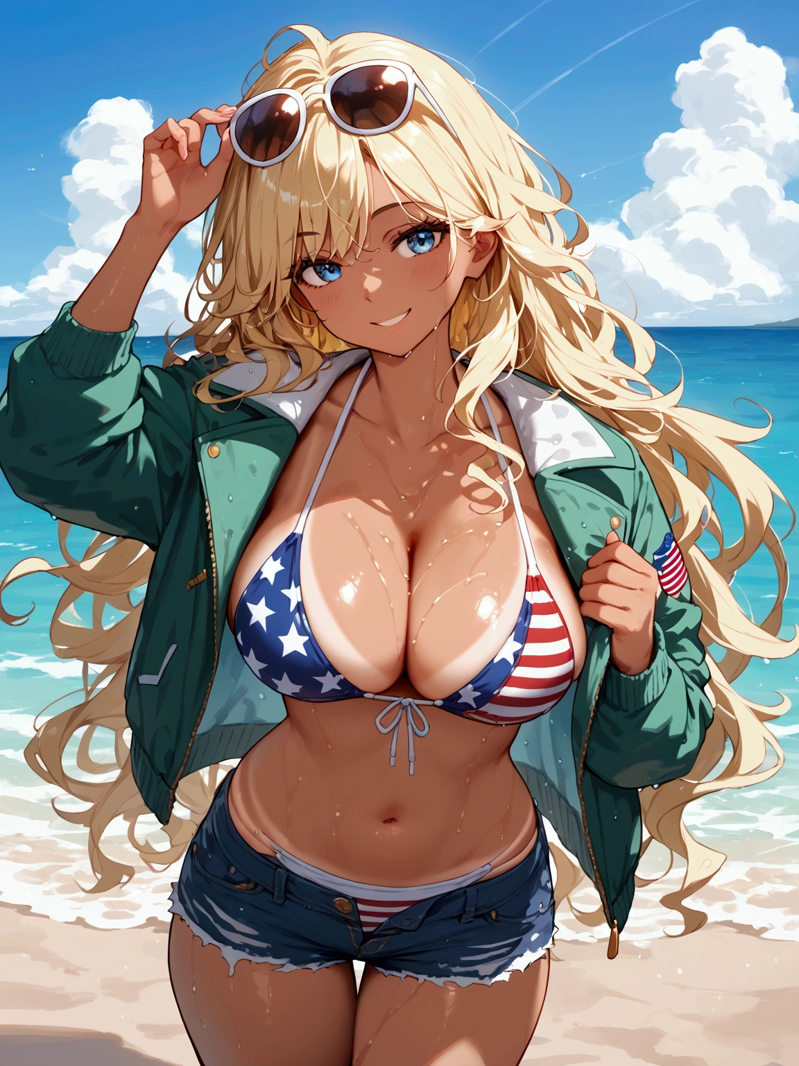 score_9, score_8_up, score_7_up, rating_safe, masterpiece, best quality, very aesthetic, absurdres, 1girl, solo, blonde hair, long hair, messy hair, blue eyes, smile, pink cheek, (flight jacket, green jacket), denim shorts, (american flag bikini), bikini under clothes, (eyewear on head, sunglasses), large breasts, cleavage, navel, wet, wet body, oil, tan, bikini tan, gleaming skin, outdoors, sea, sand