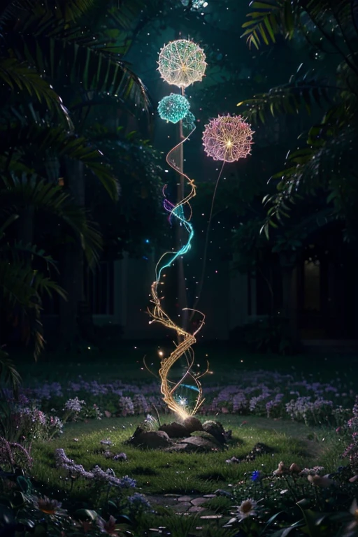 A mesmerizing digital painting by Greg Rutkowski, capturing an electrical garden inspired by fractal design. The scene embodies the essence of electricity within a lush, expansive space reminiscent of the Garden of Eden. Intricately intertwined flowers and bountiful vegetation symbolize both life and nightmares, creating a surreal masterpiece. Grand, colorful sparks weave through the textures, which resemble dark matter, in an ethereal dance. The ultra-fine, volumetric lighting evokes a sense of eternal surrender, and the image is further enhanced by Miki Asai Macro photography techniques. The highly detailed, close-up shot captures the sharp focus and intricate details, making it a trending creation on Artstation., architecture, photo
