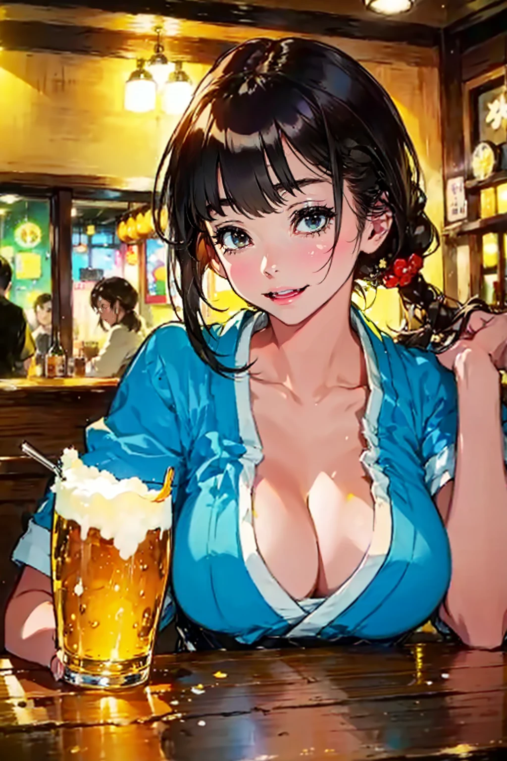 1girl,solo,cute,bigbreast,cleavage,in pub,drink a beer, Japanese style pub