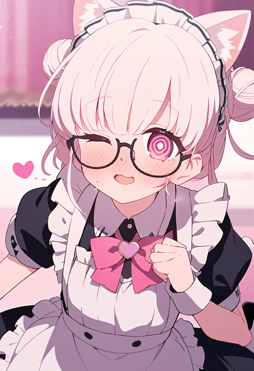 I have white pink hair, cat ears, a bun, my face is super blushing, black glasses, pink heart eyes, a maid's outfit, white stockings, white shoes, a cat's tail, a very shy girl sitting on a table. bed