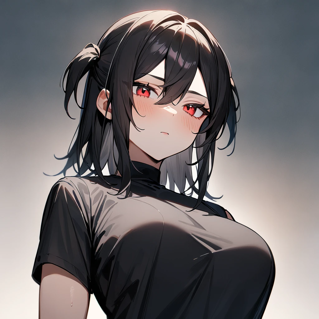 1 girl,Androgynous,two side up,big breast,black hair,red eyes,medium hair,sidelocks,upper body,masterpiece, best quality, very aesthetic, absurdres 